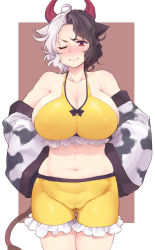 Rule 34 | 1girl, breasts, brown background, cow horns, dra (area-s), hands on own hips, highres, horns, large breasts, looking at viewer, midriff, navel, short hair, shorts, solo, thighs, touhou, ushizaki urumi, white background, yellow shorts