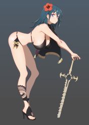 Rule 34 | 1girl, bent over, bikini, black bikini, blue hair, blush, breasts, byleth (female) (fire emblem), byleth (female) (summer) (fire emblem), byleth (fire emblem), fire emblem, fire emblem: three houses, full body, halterneck, hanging breasts, heroes relic (fire emblem), high heels, highres, large breasts, looking at viewer, medium hair, neonveov, nintendo, official alternate costume, purple eyes, shiny skin, side-tie bikini bottom, simple background, solo, standing, swimsuit, sword, sword of the creator, weapon