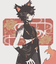 Rule 34 | 1boy, aak (arknights), arknights, bead necklace, beads, black hair, black shirt, cat boy, closed mouth, crop top, flower request, from side, furry, furry male, hair over one eye, jewelry, male focus, necklace, shirt, short hair, sirakaro, slit pupils, smoke, solo, tassel, yellow eyes
