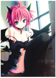 Rule 34 | 1girl, absurdres, ahoge, bare shoulders, black thighhighs, breasts, chain, cleavage, collar, collarbone, demon tail, dress, feet, green eyes, highres, horns, looking at viewer, miyama-zero, my imouto koakuma na a cup, no shoes, panties, pink hair, scan, short hair, sitting, smile, solo, tail, thighhighs, toes, underwear, utsumi miyu, white panties, window, wings