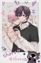 Rule 34 | 2boys, black hair, black shirt, blue eyes, cellphone, closed mouth, collar, earrings, highres, holding, holding phone, indie virtual youtuber, iphone, jewelry, long sleeves, male focus, mmanohei, multiple boys, phone, pink hair, pink shirt, purple eyes, shirt, short hair, shoto (vtuber), smartphone, smile, virtual youtuber, white shirt