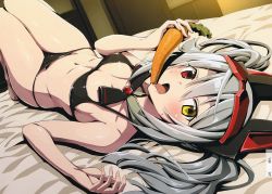 Rule 34 | 10s, 1girl, artist name, bare legs, barefoot, bikini, black bikini, blush, breasts, carrot, cleavage, fujimaru (bluebrand), headgear, heterochromia, highres, infinite stratos, laura bodewig, licking, long hair, looking at viewer, lying, navel, no eyepatch, on back, open mouth, saliva, scan, sexually suggestive, shiny skin, silver hair, small breasts, solo, sweat, swimsuit, tongue, tongue out, twintails