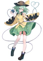 Rule 34 | 1girl, ;), absurdres, black footwear, boots, commentary request, eyeball, full body, green eyes, green hair, green skirt, hair between eyes, heart, heart of string, highres, komeiji koishi, long sleeves, looking at viewer, one eye closed, red shirt, shirt, short hair, simple background, skirt, smile, solo, standing, third eye, touhou, tsune (tune), white background, wide sleeves