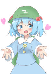 Rule 34 | 1girl, :d, backpack, bad id, bad pixiv id, bag, blue eyes, blue hair, esu (wgdg3833), green hat, hair bobbles, hair ornament, hat, heart, highres, kawashiro nitori, looking at viewer, open arms, open mouth, outstretched arms, short hair, simple background, skirt, smile, spread arms, touhou, white background