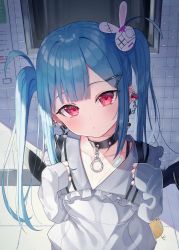 Rule 34 | 1girl, :o, bandaid, black collar, blue hair, collar, collarbone, collared shirt, commentary request, ear piercing, frilled shirt collar, frills, grey shirt, hair ornament, hairclip, hands up, heart, highres, long hair, long sleeves, looking at viewer, original, parted lips, piercing, rabbit hair ornament, red eyes, shirt, sleeves past fingers, sleeves past wrists, solo, tile wall, tiles, tsukiman, twintails, upper body, very long hair, window
