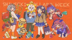 Rule 34 | 2boys, 4girls, :3, :o, aged down, alternate costume, animal ears, animal nose, aoi ch., aonori maeba, backpack, bag, black bag, black eyes, blazer, blue bow, blue bowtie, blue eyes, blue hoodie, blue shirt, blue skirt, blunt bangs, blush, book, bow, bowtie, briefcase, brown jacket, card, child, colored skin, colored tips, eraser, flower, flower pot, fuji aoi, glasses, grey eyes, grey hair, grin, hair bow, hair flower, hair ornament, hairband, half-closed eyes, hat, heel up, highres, holding, holding bag, holding book, holding card, holding flower pot, holding stick, hood, hood down, hoodie, instrument case, jacket, kikunojo (fuji aoi), kindergarten uniform, leaf, leaf on head, loafers, long hair, long sleeves, looking back, mini hat, mode aim, mole, mole under eye, multicolored hair, multiple boys, multiple girls, multiple hair bows, omega rei, omega rio, omega sisters, on one knee, open bag, open mouth, orange background, orange socks, pants, peanuts-kun, pencil, pencil case, plaid, plaid shorts, pleated skirt, poking, ponpoko (vtuber), ponytail, poop, purple bow, purple hair, purple pants, purple shirt, purple skirt, raccoon ears, raccoon girl, raccoon tail, randoseru, reading, red bag, red bow, red hairband, red shirt, round eyewear, school briefcase, school hat, school uniform, shirt, shoes, short hair, shorts, siblings, simple background, sisters, skirt, smile, sneakers, socks, spilling, standing, stick, striped bow, striped bowtie, striped clothes, tail, thighhighs, trading card, trellis, twintails, virtual youtuber, white shirt, white thighhighs, wide-eyed, yellow skin, yu-gi-oh!