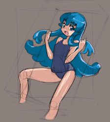 Rule 34 | 10s, 1girl, blue eyes, blue hair, blush, brown background, happinesscharge precure!, long hair, looking at viewer, matching hair/eyes, one-piece swimsuit, open mouth, precure, rohitsuka, school swimsuit, shirayuki hime, sitting, sketch, solo, swimsuit