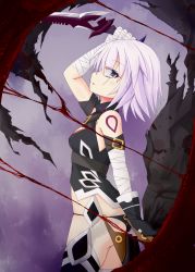 Rule 34 | 1girl, arm up, ass, bandaged arm, bandages, bare shoulders, black cloak, black gloves, black panties, black shirt, black thighhighs, blood, blood stain, blush, breasts, cloak, unworn cloak, cowboy shot, dagger, fate/grand order, fate (series), from side, gloves, green eyes, hair between eyes, highres, holding, holding dagger, holding knife, holding weapon, jack the ripper (fate/apocrypha), knife, looking at viewer, looking to the side, noname (reticulian), panties, parted lips, profile, scar, scar across eye, scar on face, shirt, shoulder tattoo, silver hair, single glove, sleeveless, sleeveless shirt, small breasts, solo, tattoo, thighhighs, torn cloak, torn clothes, underwear, weapon