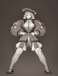 Rule 34 | 1girl, absurdres, bad id, bad twitter id, belt, blunt bangs, breasts, cleavage, full body, greyscale, hat, highres, jewelry, knife, large breasts, long sleeves, monochrome, necklace, original, puffy long sleeves, puffy sleeves, shoes, short hair, smile, solo, standing, symbolism, wass nonnam, white hair