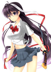 1girl black_hair female_focus katana kirino_kasumu kuroya_kyou long_hair midriff multicolored_hair official_art purple_eyes ribbon school_uniform shinigami_no_kyou solo sword two-tone_hair weapon white_hair