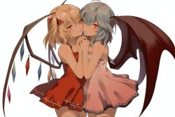 Rule 34 | 2girls, bare shoulders, bat wings, blonde hair, blue hair, bow, cheek-to-cheek, chestnut mouth, collarbone, dress, eredhen, face-to-face, fingernails, flandre scarlet, hair between eyes, hair bow, heads together, holding hands, interlocked fingers, jpeg artifacts, lavender dress, looking at viewer, multiple girls, nail polish, parted lips, red bow, red dress, red eyes, red nails, remilia scarlet, short dress, short hair, siblings, side ponytail, simple background, sisters, sleeveless, sleeveless dress, thighhighs, touhou, white background, wings