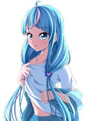 Rule 34 | 1girl, absurdres, ahoge, alternate hairstyle, blue bow, blue eyes, blue hair, blush, bow, commentary request, cure sky, eyelashes, gradient hair, hair bow, hair ornament, highres, hirogaru sky! precure, long hair, looking at viewer, low twintails, magical girl, multicolored hair, navel, pink hair, precure, s-operator, shirt, simple background, solo, sora harewataru, standing, streaked hair, sweat, twintails, undressing, very long hair, white background