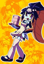 Rule 34 | 1girl, aprong, blush, blush stickers, colored sclera, container, dutch angle, fins, fish girl, full body, highres, minette (skullgirls), multiple views, open mouth, ponytail, purple eyes, skullgirls, smile, solo, thighhighs, tray, walking, yellow background, yellow sclera