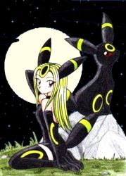 Rule 34 | 1girl, bare shoulders, black dress, black gloves, black thighhighs, blonde hair, boots, breasts, brown eyes, chikorita85, collar, creatures (company), dress, elbow gloves, full moon, game freak, gen 2 pokemon, gloves, grass, looking at viewer, moemon, moon, night, night sky, nintendo, outdoors, personification, pokemon, pokemon (creature), red eyes, rock, sidelocks, sitting, sky, star (sky), starry sky, thighhighs, umbreon