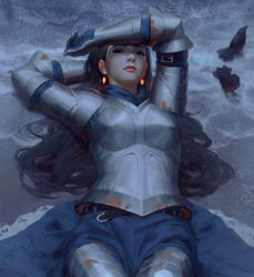 Rule 34 | 1girl, arm belt, armor, arms up, belt, bird, black eyes, black hair, boobplate, breastplate, couter, cowboy shot, crow, gauntlets, greaves, guweiz, hair spread out, highres, lipstick, long hair, looking at viewer, lying, makeup, on back, original, pauldrons, plate armor, red lips, shore, shoulder armor, solo, water, waves
