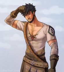 Rule 34 | 1boy, absurdres, bandaged arm, bandages, bara, beard, black eyes, black hair, blacksmith, cowboy shot, cross-laced slit, emot1onal m3ss, facial hair, genshin impact, hand on own head, hands up, highres, looking down, male focus, mature male, muscular, muscular male, mustache, pectoral cleavage, pectorals, short hair, solo, standing, thick eyebrows, wagner (genshin impact)