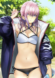Rule 34 | 1girl, arm over shoulder, arm up, armpits, bikini, bikini under clothes, blue eyes, blue sky, bottle, breasts, cleavage, commentary request, cowboy shot, day, girls&#039; frontline, gluteal fold, hair between eyes, hair over one eye, holding, jacket, long hair, looking at viewer, navel, open clothes, open jacket, outdoors, parted lips, pink hair, purple hair, side-tie bikini bottom, sky, small breasts, solo, st ar-15 (girls&#039; frontline), swimsuit, swimsuit under clothes, takatou suzunosuke, tree, water bottle