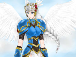 Rule 34 | 1girl, angel wings, applepie, armor, armored dress, bad id, bad pixiv id, blue eyes, braid, breasts, cowboy shot, eyeshadow, feathers, hat feather, helmet, highres, lenneth valkyrie, long hair, makeup, silver hair, solo, valkyrie, valkyrie profile (series), wings