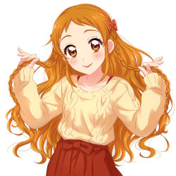 Rule 34 | 1girl, :p, absurdres, aikatsu!, aikatsu! (series), alternate hairstyle, aran sweater, arisugawa otome, big hair, blush, bow, braid, cable knit, commentary request, hair bow, hair down, hands up, head tilt, high-waist skirt, highres, long hair, long sleeves, orange eyes, red bow, red skirt, sekina, simple background, skirt, smile, solo, sweater, tongue, tongue out, white background