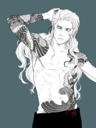 Rule 34 | 1boy, almostghost, arm tattoo, black pants, blonde hair, blue background, greyscale, hand on own head, highres, hinrigh biganduffno, hunter x hunter, irezumi, long hair, looking to the side, mafia, male focus, monochrome, pants, signature, snake tattoo, solo, tattoo, topless, topless male, upper body
