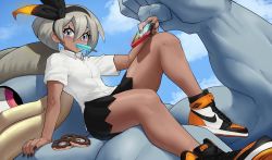 Rule 34 | 1girl, absurdres, air jordan, air jordan 1, arm support, bea (pokemon), black skirt, blue sky, breasts, buttons, collared shirt, controller, creatures (company), dark-skinned female, dark skin, echo saber, food, food in mouth, game controller, game freak, grey eyes, grey hair, hairband, highres, holding, holding controller, holding game controller, looking at viewer, nike (company), nintendo, nintendo switch, pokemon, pokemon (creature), pokemon swsh, popsicle, popsicle in mouth, shirt, shoes, short sleeves, sitting, skirt, sky, small breasts, white shirt