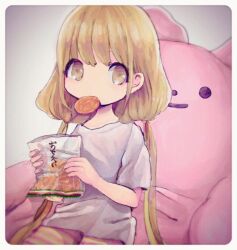Rule 34 | 1girl, blonde hair, brown eyes, comeco, cushion, expressionless, food, futaba anzu, idolmaster, idolmaster cinderella girls, long hair, looking at viewer, low twintails, mouth hold, senbei, shirt, shorts, solo, striped clothes, striped shorts, stuffed animal, stuffed rabbit, stuffed toy, t-shirt, twintails
