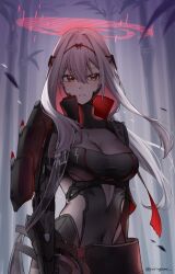 Rule 34 | 1girl, armor, bamboo, breasts, cleavage, closed mouth, covered navel, goddess of victory: nikke, grey hair, hair intakes, halo, highres, large breasts, long hair, looking at viewer, outdoors, scarlet (black shadow) (nikke), solo, yellow eyes, yorugami rei
