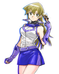 Rule 34 | 1girl, 203wolves, bare shoulders, belt, blonde hair, blue skirt, breasts, buttons, card, closed mouth, commentary request, duel academy uniform (yu-gi-oh! gx), fingerless gloves, gloves, hand up, highres, holding, long hair, medium breasts, miniskirt, purple gloves, simple background, skirt, sleeveless, solo, sparkle, tenjouin asuka, turtleneck, uniform, yellow eyes, yu-gi-oh!, yu-gi-oh! gx