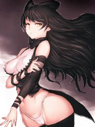 Rule 34 | 1girl, bare shoulders, black background, black bow, black hair, black thighhighs, blake belladonna, bow, breasts, cameltoe, commentary request, covered erect nipples, detached sleeves, fumio (rsqkr), gradient background, hair bow, long hair, looking at viewer, midriff, navel, rwby, scarf, solo, thighhighs, white background, wide hips, yellow eyes