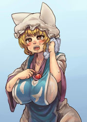 Rule 34 | blonde hair, blue sky, blush, breasts, brown eyes, chanta (ayatakaoisii), cleavage, cowboy shot, dress, fang, hat, hip focus, hot, huge breasts, long sleeves, no tail, open mouth, see-through, short hair, simple background, sky, solo, sweat, tabard, teeth, thick thighs, thighs, tongue, touhou, towel, wet, wet clothes, white dress, wiping sweat, yakumo ran