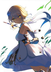 Rule 34 | 1girl, 38 (sanjuuhachi), absurdres, bare shoulders, black gloves, blonde hair, closed mouth, commentary request, cowboy shot, detached sleeves, dress, flower, from side, genshin impact, gloves, hair flower, hair ornament, highres, leaf, looking at viewer, looking to the side, lumine (genshin impact), partially fingerless gloves, short hair with long locks, simple background, sleeveless, sleeveless dress, solo, white background, white dress, white flower, white sleeves, yellow eyes