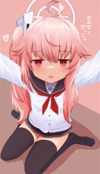 Rule 34 | 1girl, ahoge, blue archive, commentary request, hair ornament, halo, kuuwassy, long hair, looking at viewer, natsu (blue archive), open mouth, pink hair, red eyes, school uniform, seiza, side ponytail, simple background, sitting, solo, thighhighs, translation request