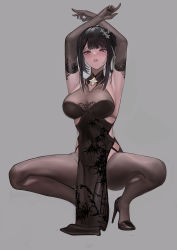 Rule 34 | 1girl, absurdres, armpits, arms up, azur lane, black flower, black hair, black rose, bodystocking, chen hai (azur lane), china dress, chinese clothes, dress, elbow gloves, flower, gloves, grey background, hair flower, hair ornament, hair stick, high heels, highres, lace, lace-trimmed gloves, lace trim, nikumocchi, official alternate costume, pelvic curtain, rose, simple background, spread legs, squatting, stiletto heels, taut clothes, taut dress, thighs, tight clothes, tight dress