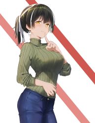 Rule 34 | 1girl, alternate costume, arknights, bishi (bishi), black hair, blue pants, breasts, chinese commentary, commentary request, cowboy shot, denim, earrings, finger to mouth, grey sweater, hair ribbon, hand up, highres, index finger raised, jeans, jewelry, large breasts, long sleeves, looking at viewer, magallan (arknights), pants, ponytail, ribbed sweater, ribbon, ring, short hair, short ponytail, silver hair, smile, solo, standing, sweater, turtleneck, turtleneck sweater, white background, white ribbon, yellow eyes