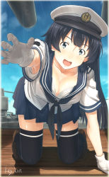 Rule 34 | 10s, 1girl, absurdres, agano (kancolle), all fours, alternate costume, armpit peek, black hair, bra, breasts, cleavage, downblouse, green eyes, hat, highres, kantai collection, key kun, kii kun, long hair, md5 mismatch, open mouth, school uniform, smile, solo, thighhighs, underwear, white bra