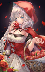 Rule 34 | 1girl, apple, basket, blue eyes, blush, braid, breasts, buttons, capelet, cleavage, closed mouth, dress, fate/grand order, fate (series), flower, food, fruit, heroic spirit festival outfit, highres, hood, hood up, hooded capelet, long hair, looking at viewer, marie antoinette (alter) (fate), marie antoinette (fate), marie antoinette (festival outfit) (fate), medium breasts, official alternate costume, petals, red capelet, red skirt, rose, short sleeves, silver hair, single braid, skirt, smile, torino aqua, underbust, very long hair, white dress