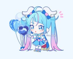 1girl :o ahoge balloon blue_bow blue_eyes blue_footwear blue_hair blue_skirt bow chibi cure_sky detached_sleeves fingerless_gloves full_body gloves gradient_hair hair_bow hair_ornament heart heart_balloon heart_hair_ornament hirogaru_sky!_precure long_hair multicolored_hair pink_hair precure shirt short_sleeves skirt solo sora_harewataru striped_sleeves thighhighs touka_moru04 twintails twitter_username underbust very_long_hair white_background white_gloves white_shirt white_thighhighs