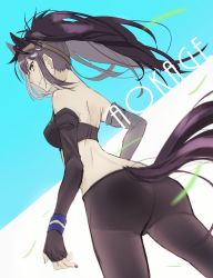 Rule 34 | 10s, 1girl, animal ears, ass, bad id, bad pixiv id, bare shoulders, black gloves, black hair, black legwear, black nails, black sports bra, blue wristband, blurry, bridle, brown thoroughbred (kemono friends), character name, closed mouth, commentary request, cowboy shot, depth of field, dutch angle, elbow gloves, fingerless gloves, from behind, gloves, grass, high ponytail, highres, horse ears, horse girl, horse tail, kemono friends, kou (1101 kou), legs apart, long hair, looking at viewer, looking back, midriff, nail polish, nape, shoulder blades, smile, solo, sports bra, standing, tail, wristband, yellow eyes