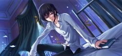 Rule 34 | 1boy, arm on knee, arm support, artist request, black hair, black pants, blurry, blurry background, book, bookmark, buttons, closed mouth, code geass, code geass: lost stories, collarbone, collared shirt, curtains, depth of field, dutch angle, falling petals, game cg, hair between eyes, half-closed eyes, happy, highres, holding, holding book, indoors, knee up, leaning to the side, lelouch vi britannia, long sleeves, looking at viewer, male focus, night, non-web source, official art, on bed, pants, pectoral cleavage, pectorals, petals, purple eyes, shirt, short hair, sidelocks, sitting, smile, solo, white shirt, window