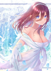 Rule 34 | 1girl, absurdres, bare shoulders, blue eyes, breasts, bride, cleavage, closed mouth, collarbone, dress, falling petals, feathers, gloves, go-toubun no hanayome, hair between eyes, hair ornament, highres, large breasts, long hair, long hair between eyes, looking at viewer, nakano miku, petals, reaching, reaching towards viewer, shimoyuki, solo, wedding dress, white gloves