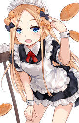 Rule 34 | 1girl, abigail williams (fate), alternate costume, apron, asle, black bow, black dress, blonde hair, blue eyes, blush, bow, breasts, dress, enmaided, fate/grand order, fate (series), food, forehead, hair bow, highres, long hair, looking at viewer, maid, maid headdress, multiple hair bows, open mouth, orange bow, pancake, parted bangs, polka dot, polka dot bow, small breasts, smile, solo, white apron