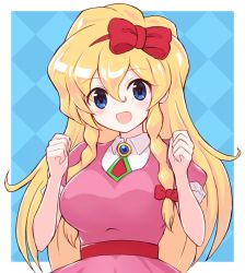 Rule 34 | 1girl, :d, blonde hair, blue background, blue eyes, bow, breasts, castlevania: rondo of blood, castlevania (series), collared dress, dress, hair between eyes, hair bow, large breasts, long hair, looking at viewer, maria renard, open mouth, oppai loli, outside border, pink dress, red bow, short sleeves, smile, suta (clusta), upper body