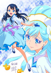 Rule 34 | 10s, 2girls, :d, bad id, bad pixiv id, blue background, blue dress, blue eyes, blue hair, blue theme, bow, closed mouth, cure ange, dated, dress, dual persona, earrings, full body, hair bun, hair ornament, highres, hugtto! precure, jewelry, long hair, looking at viewer, multiple girls, nii manabu, open mouth, precure, purple bow, shoes, signature, single hair bun, smile, socks, waist bow, yakushiji saaya