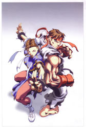 Rule 34 | 1boy, 1girl, absurdres, alvin lee, angry, back-to-back, barefoot, boots, border, bracelet, brown eyes, brown hair, bun cover, capcom, china dress, chinese clothes, chun-li, clenched hand, double bun, dougi, dress, earrings, eyebrows, feet, fingerless gloves, foreshortening, frills, frown, gloves, gradient background, hair bun, headband, highres, japanese clothes, jewelry, looking at viewer, looking back, muscular, official art, orange eyes, outstretched arms, pantyhose, pelvic curtain, pink pantyhose, profile, ribbon, ryu (street fighter), sash, scan, shadow, short hair, side slit, signature, simple background, sleeveless, spiked bracelet, spikes, spread arms, spread legs, standing, street fighter, swept bangs, torn clothes, udon entertainment, white background