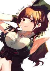 Rule 34 | 1girl, armpits, arms up, bare shoulders, belly, breasts, brown hair, cycloneactionx, fingerless gloves, garo (series), garo gold storm flight (series), gloves, highres, jewelry, looking at viewer, medium breasts, necklace, ponytail, red eyes, rian (garo), simple background, solo, tokusatsu, twitter username, vest, white background