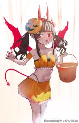 Rule 34 | 1girl, :d, absurdres, bare shoulders, black hair, black panties, breasts, bucket, claw pose, collarbone, commentary request, demon girl, demon horns, demon tail, demon wings, halloween, highleg, highleg panties, highres, holding, holding bucket, horns, jack-o&#039;-lantern, long hair, looking at viewer, mask, mask on head, nail polish, navel, open mouth, original, panties, pumpkin mask, red eyes, red nails, red wings, skirt, small breasts, smile, solo, tail, teom, twintails, underwear, wings, yellow skirt