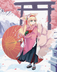 Rule 34 | absurdres, animal ear fluff, animal ears, apron, architecture, arknights, black hakama, blonde hair, bobby socks, chinese commentary, commentary request, east asian architecture, film grain, flower, fox ears, fox girl, fox tail, frilled apron, frills, green eyes, hair flower, hair ornament, hairband, hakama, hakama skirt, highres, holding, holding umbrella, japanese clothes, kimono, kitsune, kyuubi, long hair, long sleeves, looking to the side, multiple tails, obi, official alternate costume, oil-paper umbrella, okobo, outdoors, parted lips, pink kimono, pinwheel, pleated skirt, qiao zong, red hairband, red umbrella, sandals, sash, skirt, snow, socks, suzuran (arknights), suzuran (yukibare) (arknights), tabi, tail, umbrella, waist apron, white apron, white socks, wide sleeves, winter, zouri