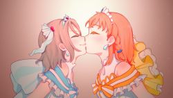 Rule 34 | 2girls, bare shoulders, blue dress, blue ribbon, blush, braid, brown background, commentary, dress, earrings, closed eyes, from side, grey hair, hair ribbon, highres, jewelry, kiss, light particles, love live!, love live! sunshine!!, multiple girls, orange dress, ribbon, short hair, short sleeves, side braid, takami chika, tiara, uuu&amp;no, watanabe you, yuri