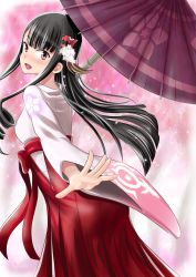 Rule 34 | 10s, 1girl, :d, aoki hagane no arpeggio, ashigara (aoki hagane no arpeggio), black hair, hakama, hakama skirt, highres, japanese clothes, ju (old505), long hair, looking at viewer, looking back, oil-paper umbrella, open mouth, red eyes, red hakama, skirt, smile, solo, umbrella