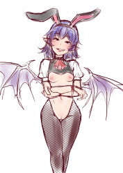 Rule 34 | 1girl, alternate costume, animal ears, ascot, bat wings, black eyes, black jacket, blue hair, breasts, censored, cleft of venus, commentary request, cropped jacket, crossed arms, fake animal ears, fang, fishnet thighhighs, fishnets, grin, head tilt, highres, jacket, legs together, light blush, looking at viewer, medium hair, meme attire, mosaic censoring, narrowed eyes, navel, nipples, pointy ears, puffy short sleeves, puffy sleeves, pussy, rabbit ears, red ascot, remilia scarlet, reverse bunnysuit, reverse outfit, shiraue yuu, short sleeves, small breasts, smile, solo, standing, thighhighs, touhou, white background, white sleeves, wings